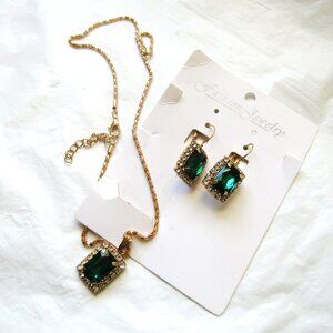 Necklace and Pierced Earring Set, Emerald and Rhinstones.